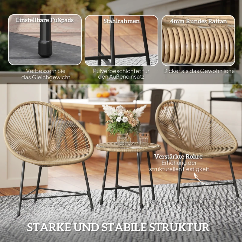 Outsunny 3-teiliges Gartenmöbel-Set, 2 Kunststoffrattan-Stühle, 1 Tisch mit Glasplatte, Stahlrahmen, Outdoor-Sitzmöbel, Hellbraun