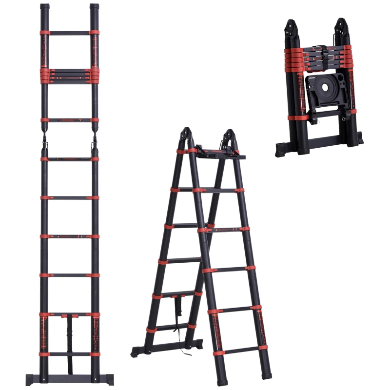 HOMCOM 3.8M Duo Aluminium Ladder w/ Tool Holder Herringbone Deployed Extendable DIY w/ 12 Non-Slip Steps, Red