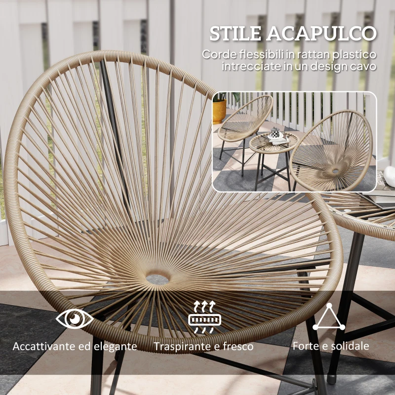 Outsunny Set da Giardino 3 Pezzi in Rattan PE e Acciaio con 2 Sedie Ovali e Tavolino da Caffè, Nero e color Legno