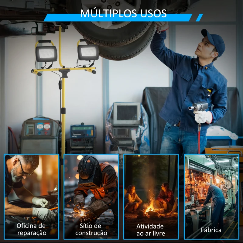 HOMCOM Projetor LED Duplo Recarregável com Tripé Dobrável 8500 Lúmenes IP65 6500K e Ajustáveis para Trabalho Amarelo e Preto