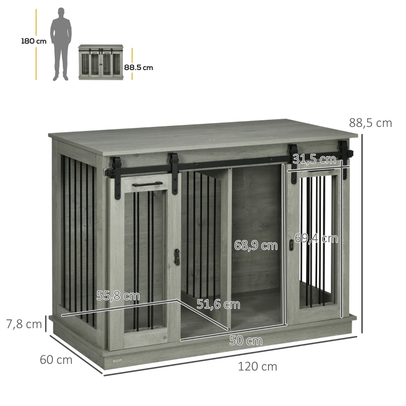 PawHut Hondenkooi met 2 Deuren, Hondenbox, Transportbox voor Honden, Landelijk Design, Vergrendelbaar, Grijs(m-3)