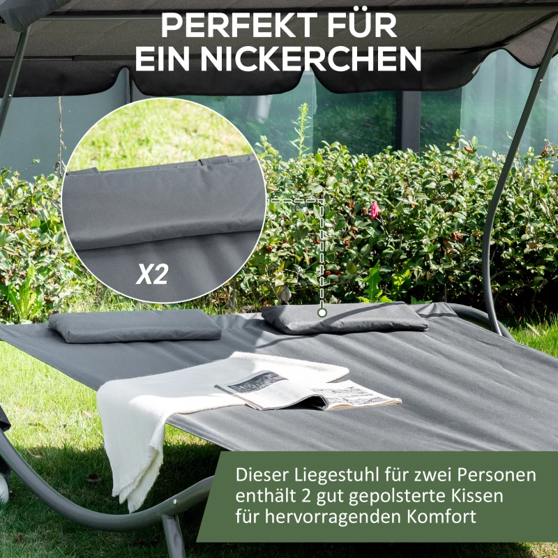 Outsunny Sonnenliege rollbar Gartenliege mit Dach Liegestuhl mit Kopfkissen wasserabweisend und UV-beständig Campingliege bis 220kg belastbar für Garten, Balkon, Grau