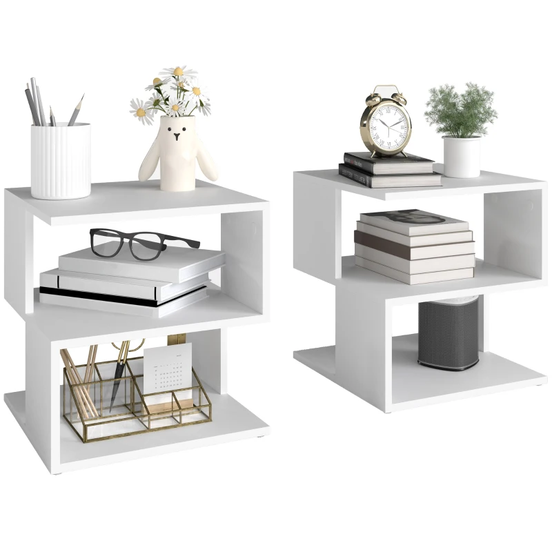 HOMCOM Set of 2 Side Table, Square Coffee Table, Modern End Table with 2 Tier Storage Shelves for Living Room, Bedroom, White