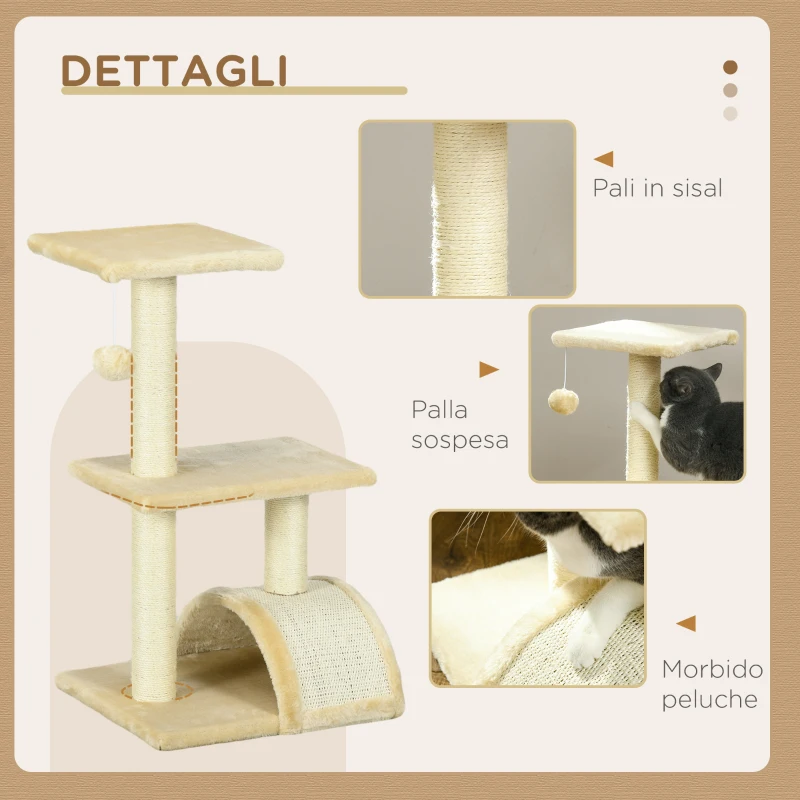 PawHut Albero per Gatti a 3 Livelli con Tiragraffi, Peluche e Sisal, 40x35x72 cm, Crema