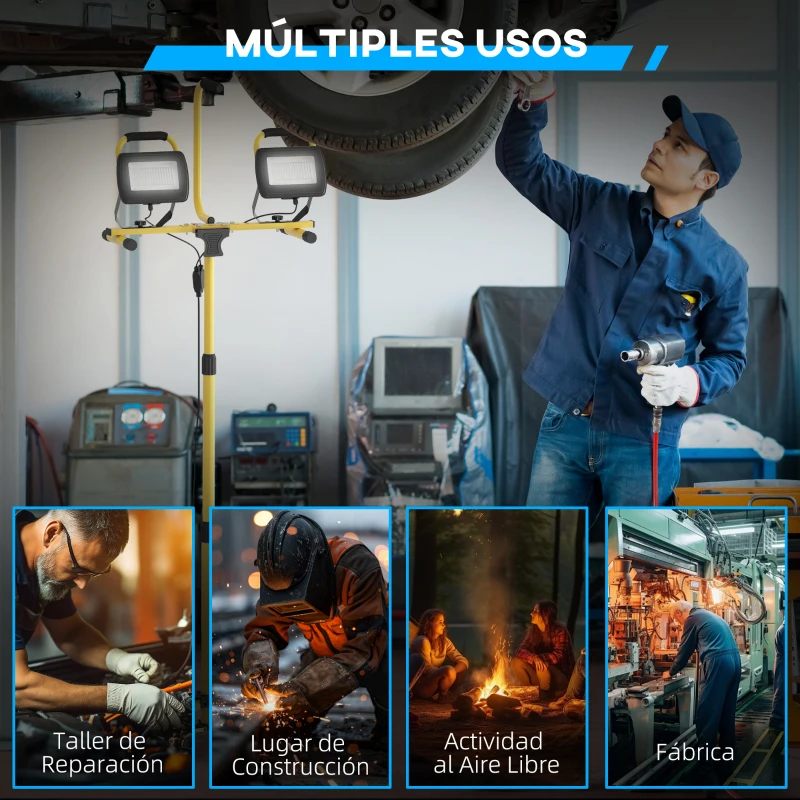 HOMCOM Foco LED Doble con Trípode Plegable 8500 Lúmenes IP65 6500K y Cabezas Ajustables para Interior y Exterior Amarillo