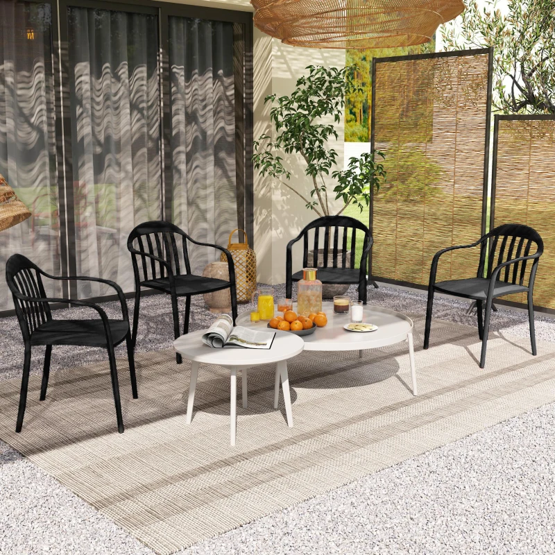 Outsunny Set 4 Sedie da Giardino Impilabili in PP con Schienale Alto e Braccioli, 57x54x78 cm, Nero