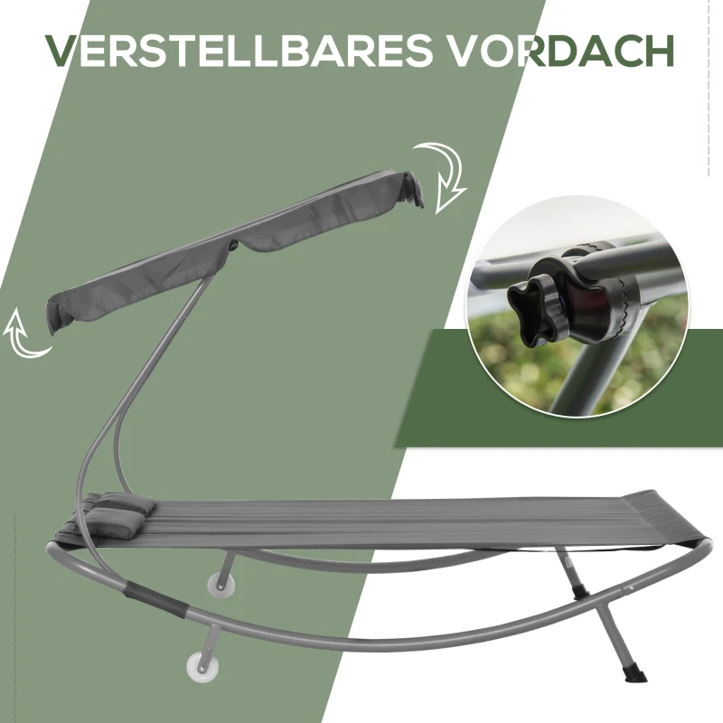 Outsunny Sonnenliege rollbar Gartenliege mit Dach Liegestuhl mit Kopfkissen wasserabweisend und UV-beständig Campingliege bis 220kg belastbar für Garten, Balkon, Grau
