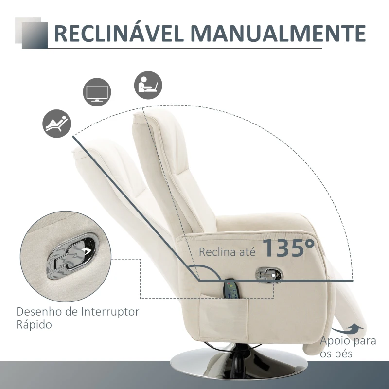 HOMCOM Poltrona de Massagem com Apoio para os Pés Poltrona Relax Reclinável até 135° com 10 Pontos de Massagem 68,5x84x110cm Creme