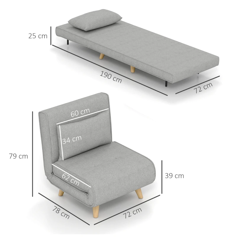 HOMCOM Sillón Cama Plegable Tapizado en Lino Sintético con Respaldo Ajustable en 6 Posiciones y Almohada 72x78x79 cm Gris