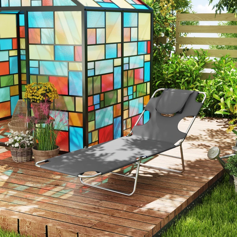 Outsunny Reclining Face Hole Sun Lounger - Dark Grey