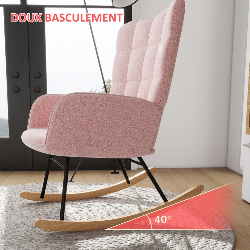 HOMCOM Fauteuil à bascule rocking chair revêtement bouclette structure en acier 71 x 98 x 101 cm rose