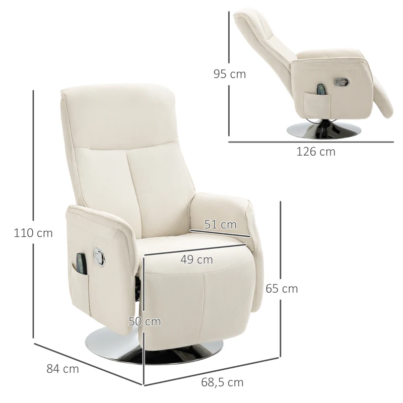 HOMCOM Poltrona de Massagem com Apoio para os Pés Poltrona Relax Reclinável até 135° com 10 Pontos de Massagem 68,5x84x110cm Creme