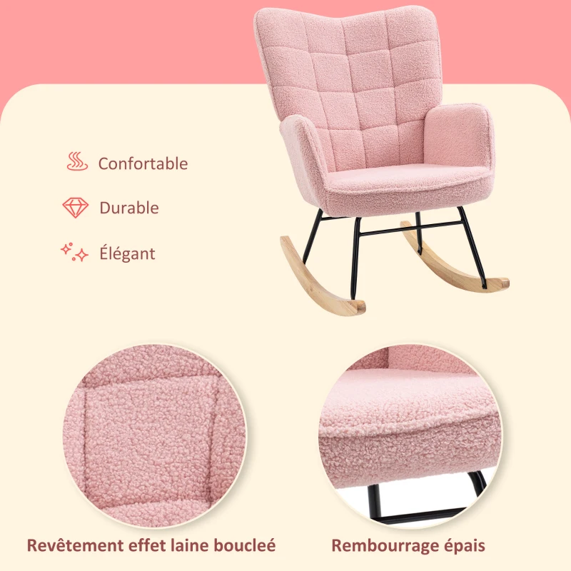 HOMCOM Fauteuil à bascule rocking chair revêtement bouclette structure en acier 71 x 98 x 101 cm rose