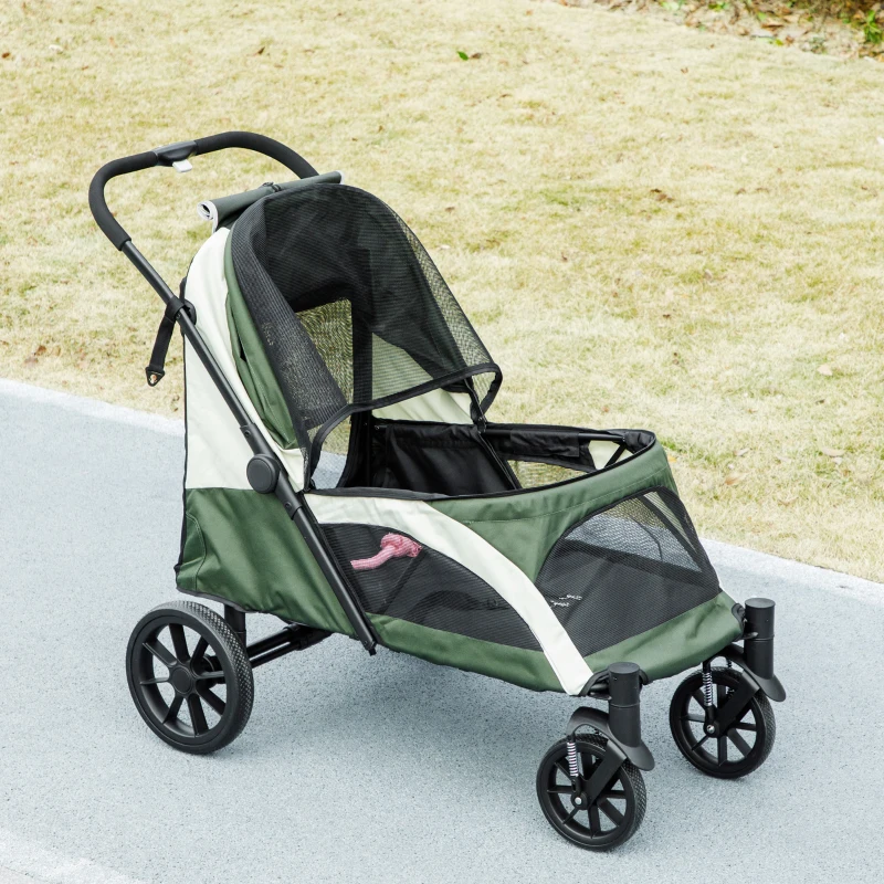 PawHut Hundewagen, Faltbarer Hundebuggy für große Hunde, Haustierwagen mit 4 Rädern, Sicherheitsleinen, Bremsen, Dunkelgrün(m-8)
