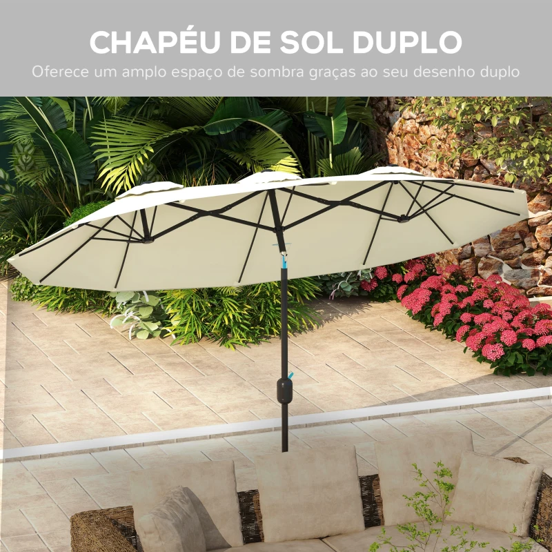 Outsunny Chapéu de Sol Duplo Chapéu de Sol de Jardim com Inclinação de 45° Manivela Estrutura de Aço 285x147x227cm Bege