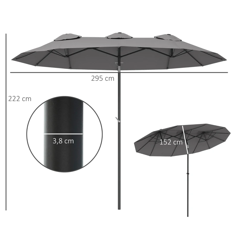 Outsunny Chapéu de Sol Duplo Chapéu de Sol de Jardim com Inclinação de 45° Manivela Estrutura de Aço 285x147x227cm Cinza