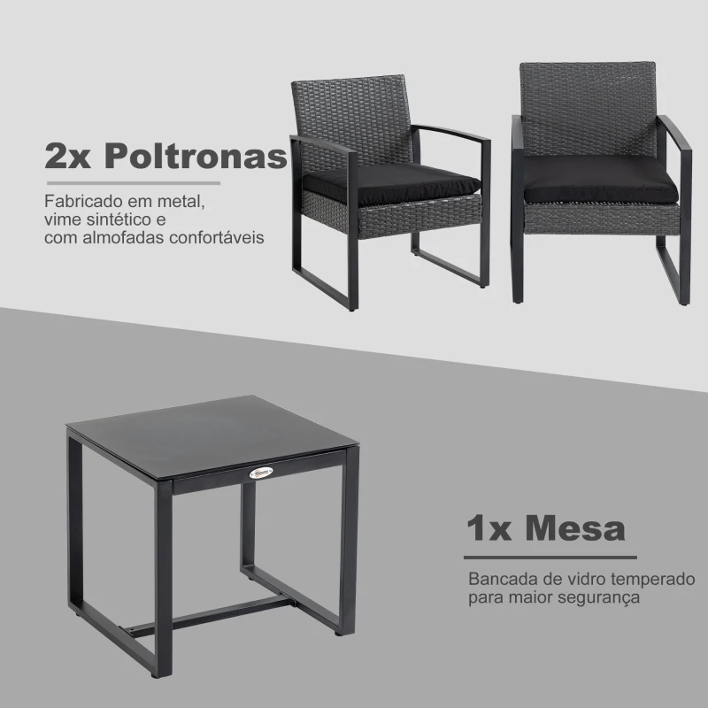 Outsunny Conjunto de Móveis de Jardim de Vime 3 Peças com 1 Mesa 42,5x40x39 cm 2 Poltronas 63x57x76 cm Cinzento e Preto