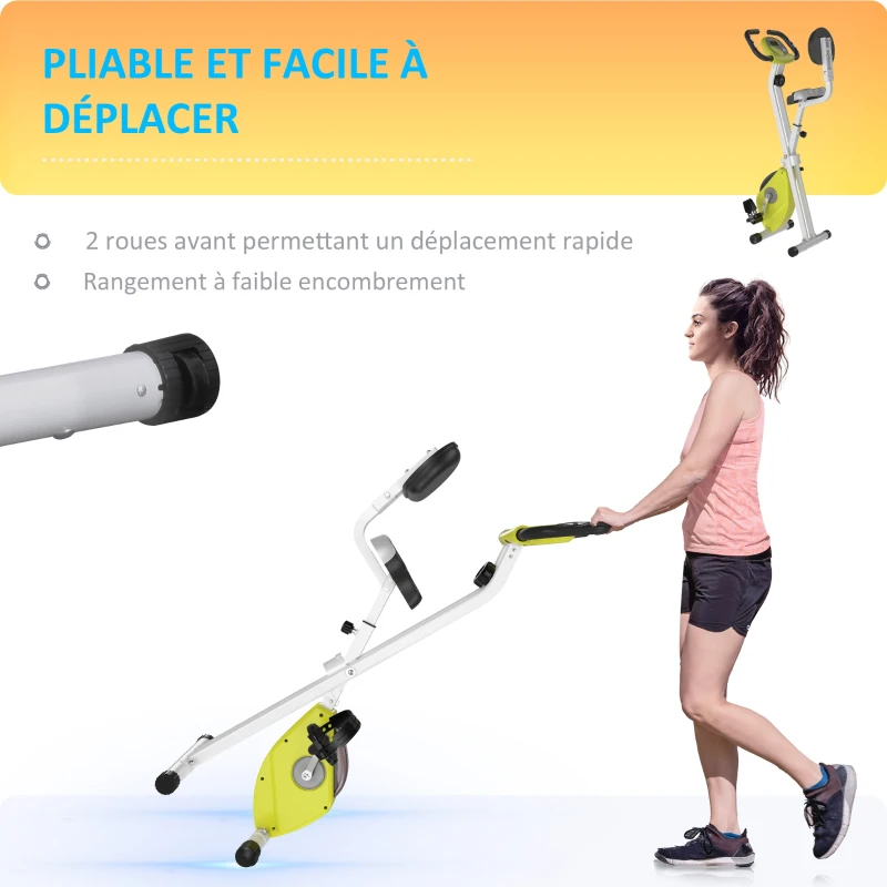 HOMCOM Vélo d'appartement pliable vélo de fitness vélo d'intérieur 8 niveaux de résistance magnétique avec dossier selle réglable écran LCD multifonction capteur fréquence cardiaque jaune