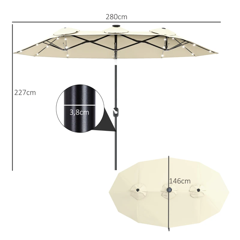Outsunny Chapéu de Sol Duplo com Luzes LED com Inclinação de 45° Manivela Estrutura de Aço 280x146x227cm Bege