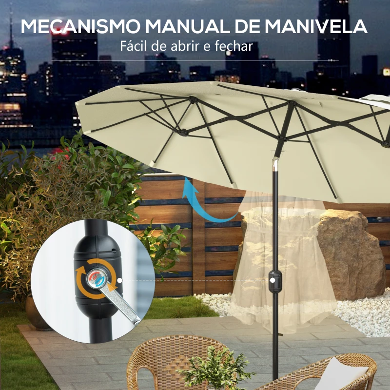Outsunny Chapéu de Sol Duplo Chapéu de Sol de Jardim com Inclinação de 45° Manivela Estrutura de Aço 285x147x227cm Bege
