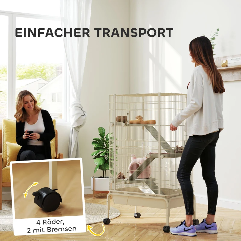 PawHut Kleintierkäfig, Haustierkäfig mit 4 Ebenen, Futterschale, Wasserflasche, 88 x 48 x 150,5 cm, Beige(m-7)