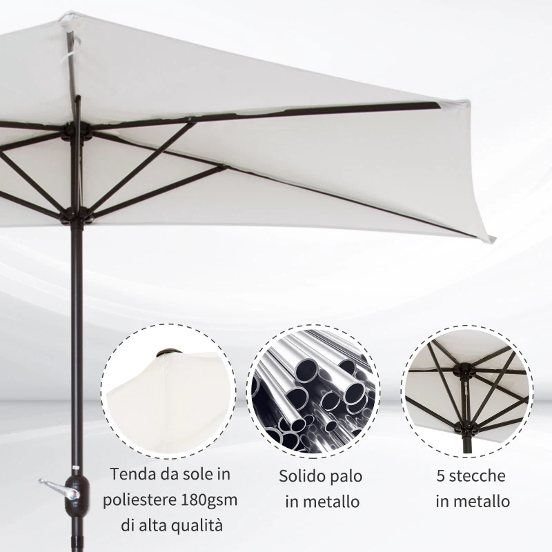 Outsunny Ombrellone Semicircolare da Parete per Giardino 2.7x1.5 m con Apertura a Manovella, Bianco