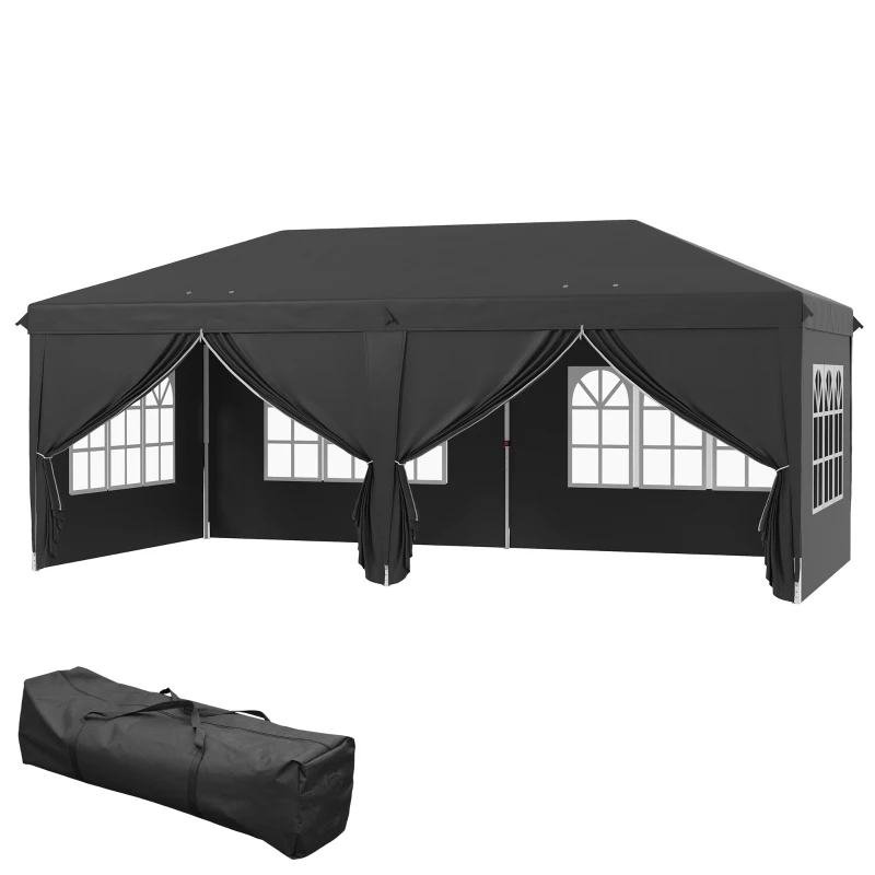 Outsunny 3 x 6 m Pop Up Gazebo with Sides and Windows, Height Adjustable Party Tent with Storage Bag for Garden, Camping, Event, Black(m-12)