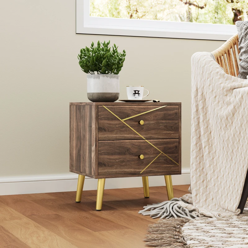 HOMCOM Table de chevet table de nuit avec 2 tiroirs poignées dorés pieds en acier 45 x 35 x 50 cm grain de bois marron