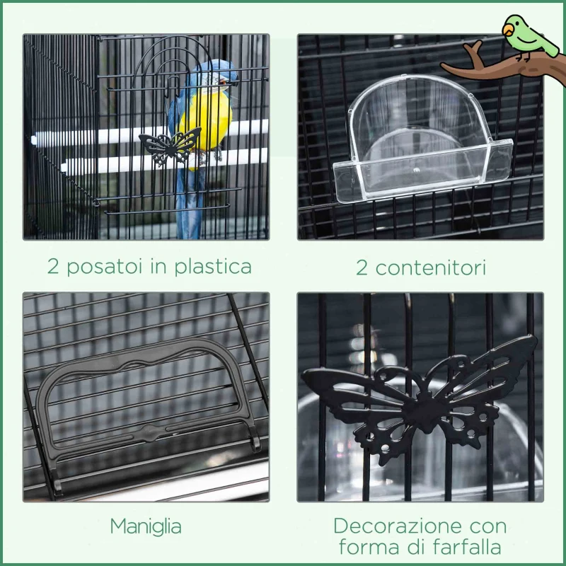 PawHut Gabbia per Uccelli con 2 Posatoi e 3 Ingressi in Filo Metallico e Plastica, 60x41x41 cm, Nero