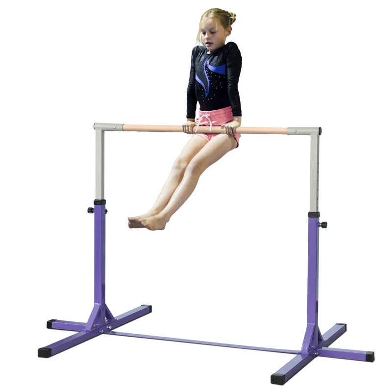 HOMCOM Gymnastiek-Turnrek, Rekstang, 13 in hoogte verstelbaar, tot 75 kg belastbaar, Staal, Beukenhout, Paars