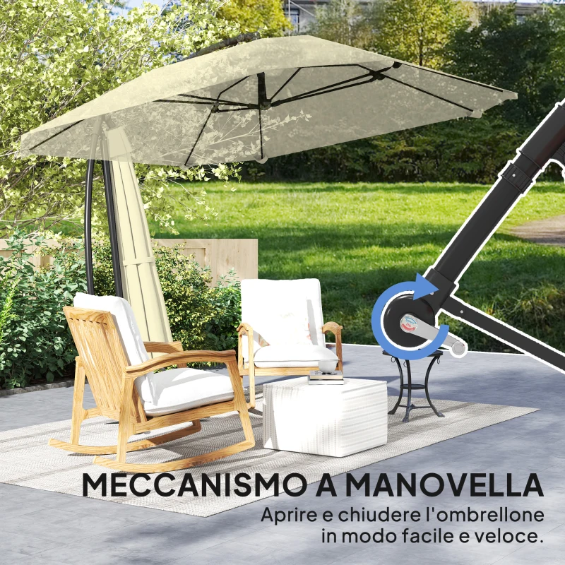 Outsunny Ombrellone a Sbalzo con Copertura Regolabile e Base a Croce, in Metallo e Poliestere, 260x304x245 cm, Crema
