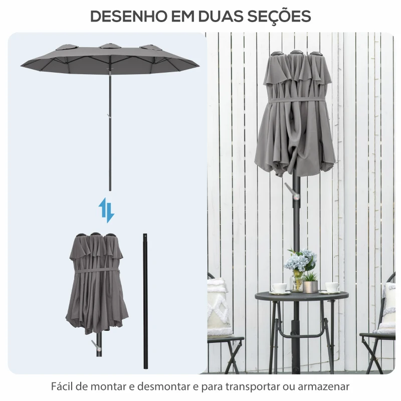 Outsunny Chapéu de Sol Duplo Chapéu de Sol de Jardim com Inclinação de 45° Manivela Estrutura de Aço 285x147x227cm Cinza