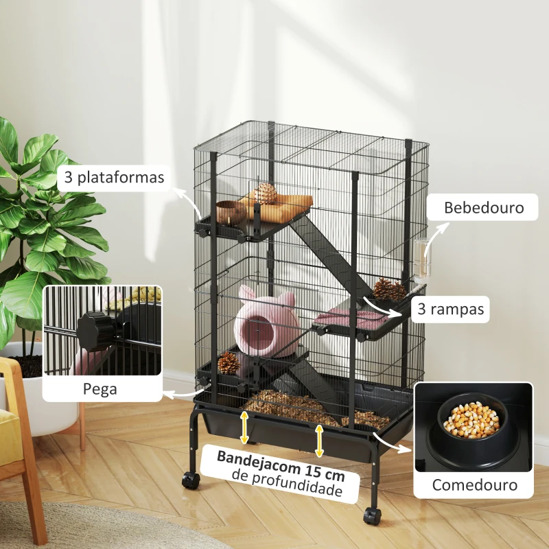 PawHut Gaiola para Animais Pequenos de 4 Níveis Gaiola para Roedores com Rodas Rampas Tigela Garrafa de Água e Bandeja Removível Recinto para Coelhos Chinchilas Furões 69x44x120 cm Preto