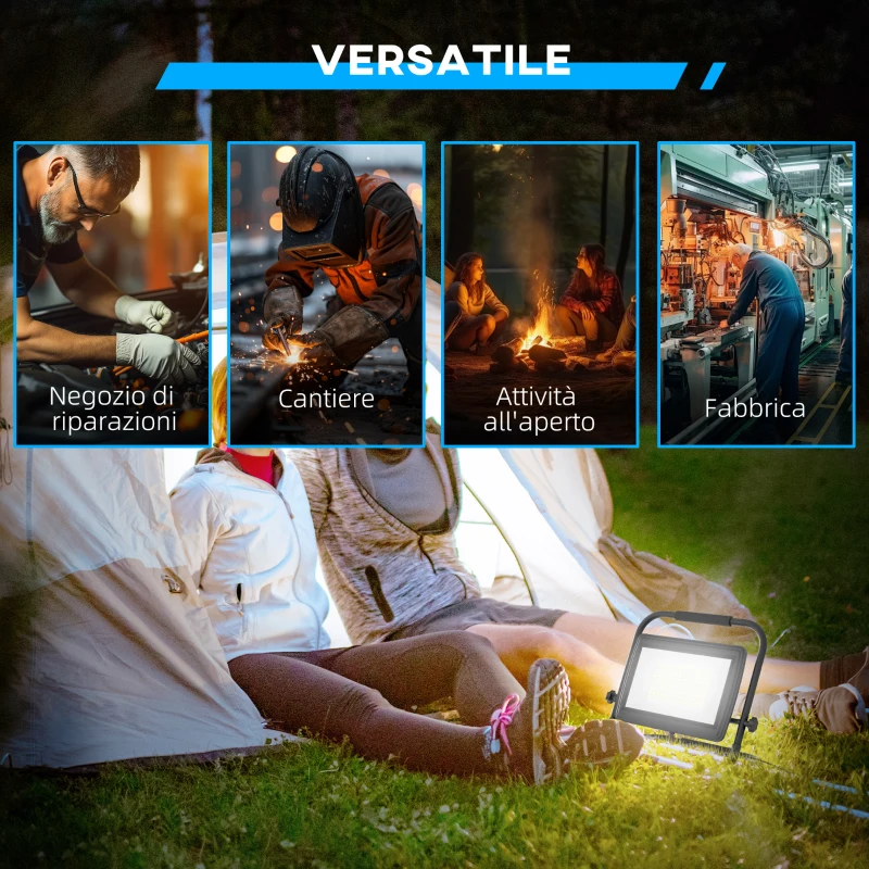 HOMCOM Faretto LED da Lavoro da 6500K con Testa Girevole e Supporto Regolabile, in Alluminio e Metallo, 35x20x32 cm, Nero