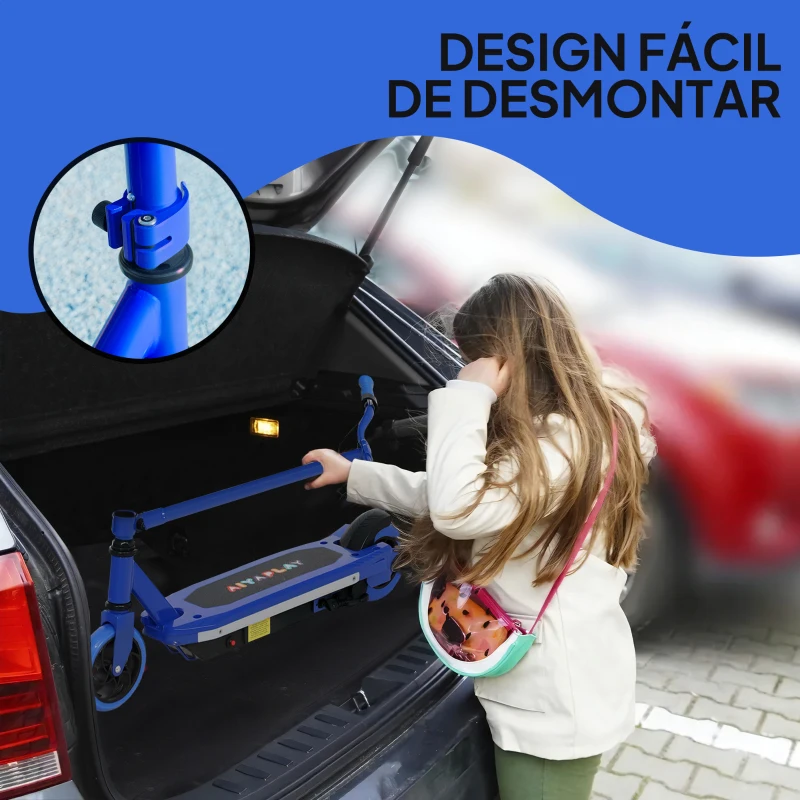 AIYAPLAY Trotinete Elétrica para Crianças Máx. 10 km/h Motor 80 W Autonomia Máxima 8 km Trotinete com Luzes LED Travão Traseiro 76x46x93 cm Azul