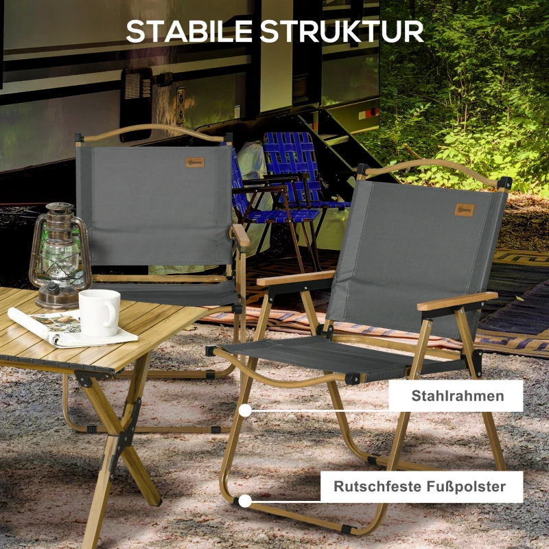 Outsunny Campingstoelen, 2 x Strandstoel, Opvouwbaar, Staal, In Houtlook, Donkergrijs