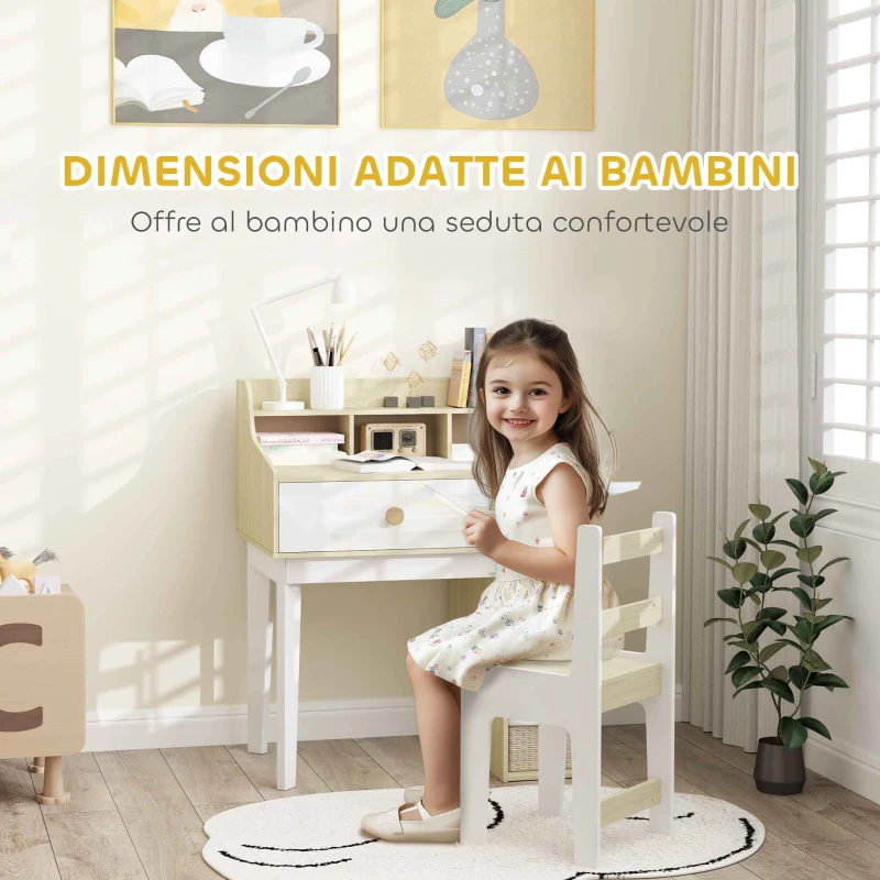 AIYAPLAY Set Scrivania per Bambini e Sedia in Legno con Scaffale e Cassetto, Età 3-10 Anni, Bianco e Legno