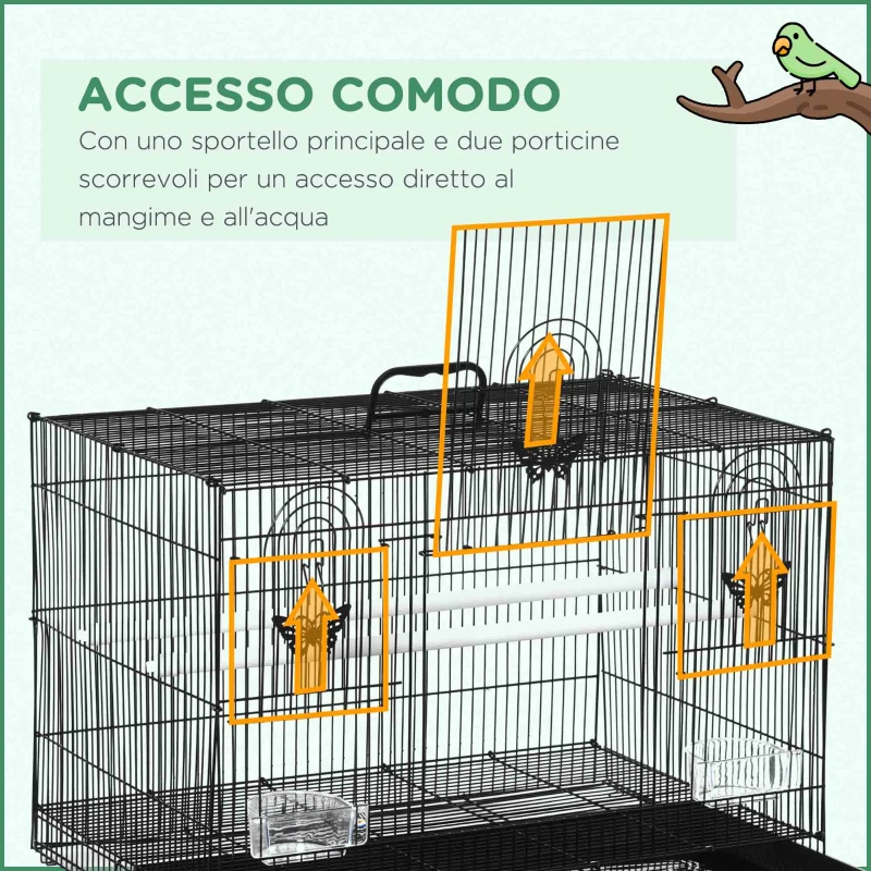 PawHut Gabbia per Uccelli con 2 Posatoi e 3 Ingressi in Filo Metallico e Plastica, 60x41x41 cm, Nero