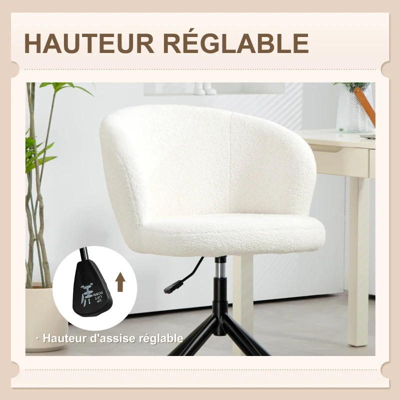 HOMCOM Chaise de bureau ergonomique siège pivotant hauteur réglable capacité 120 kg revêtement tissu bouclette blanc