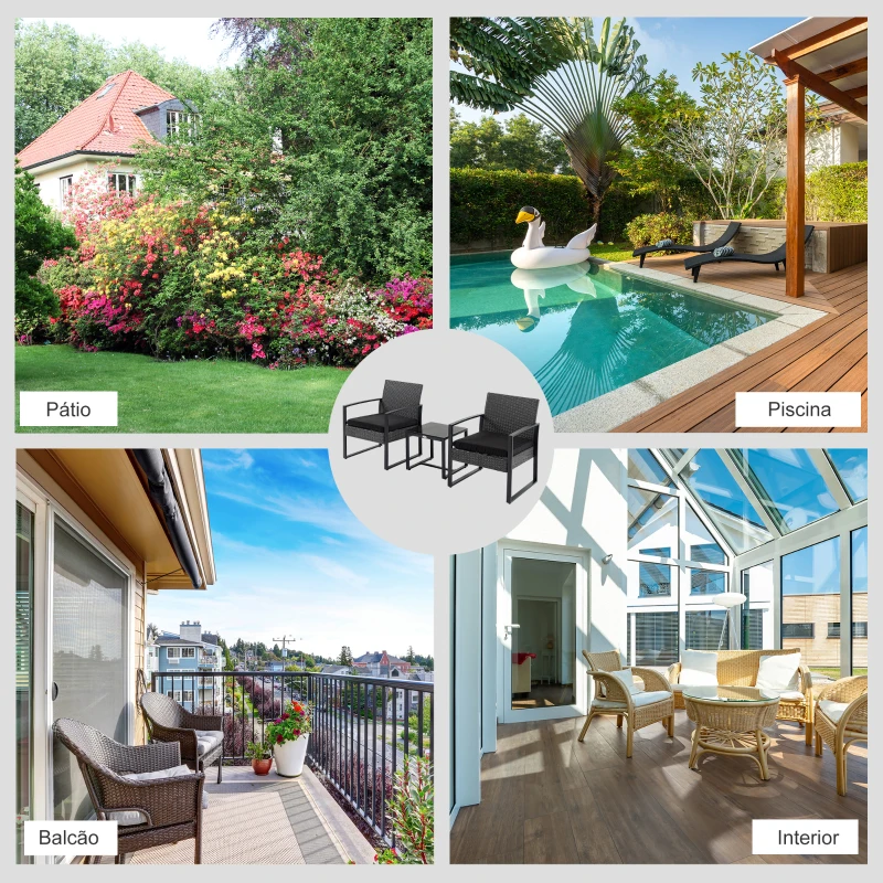 Outsunny Conjunto de Móveis de Jardim de Vime 3 Peças com 1 Mesa 42,5x40x39 cm 2 Poltronas 63x57x76 cm Cinzento e Preto