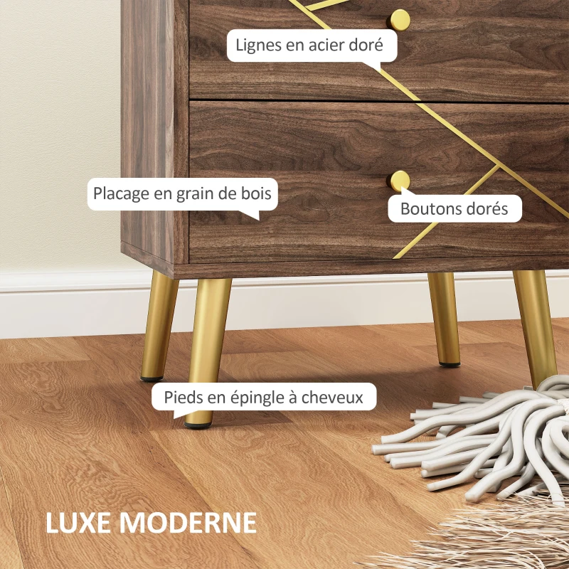 HOMCOM Table de chevet table de nuit avec 2 tiroirs poignées dorés pieds en acier 45 x 35 x 50 cm grain de bois marron