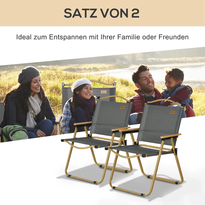 Outsunny Campingstoelen, 2 x Strandstoel, Opvouwbaar, Staal, In Houtlook, Donkergrijs