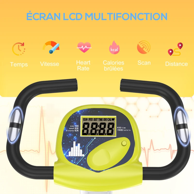 HOMCOM Vélo d'appartement pliable vélo de fitness vélo d'intérieur 8 niveaux de résistance magnétique avec dossier selle réglable écran LCD multifonction capteur fréquence cardiaque jaune