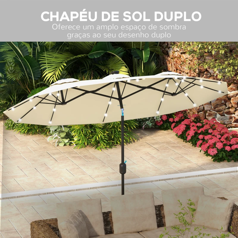 Outsunny Chapéu de Sol Duplo com Luzes LED com Inclinação de 45° Manivela Estrutura de Aço 280x146x227cm Bege