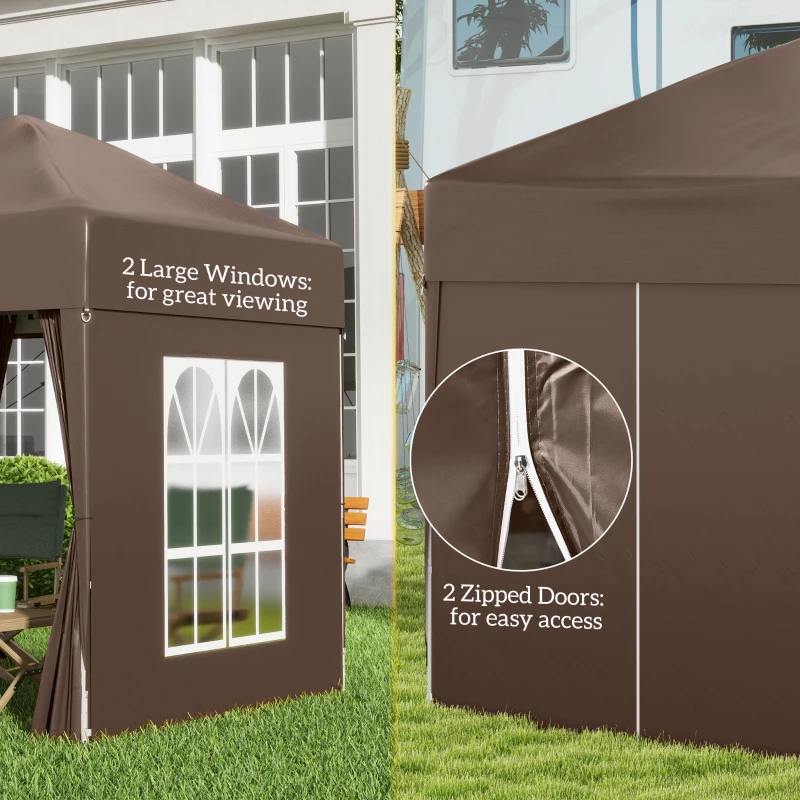Outsunny 2 x 2 m Garden Pop Up Gazebo, Wedding Party Tent Marquee, Water Resistant Awning Canopy with Sidewalls, Windows, Carry Bag, Coffee(m-7)