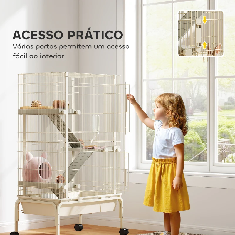 PawHut Gaiola para Animais Pequenos de 4 Níveis com Rodas Rampas Tigela Garrafa de Água 69x44x120 cm Bege