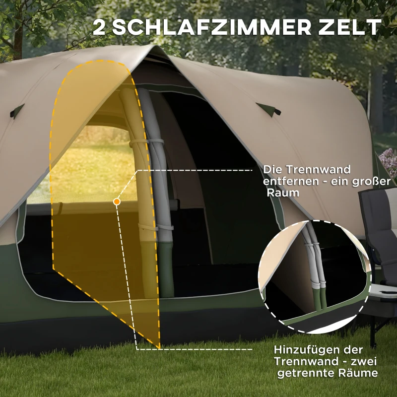 Namiot kempingowy Outsunny, 2 pokoje, ścianka działowa, dla 6 osób, z ochroną przeciwdeszczową, ciemnozielony