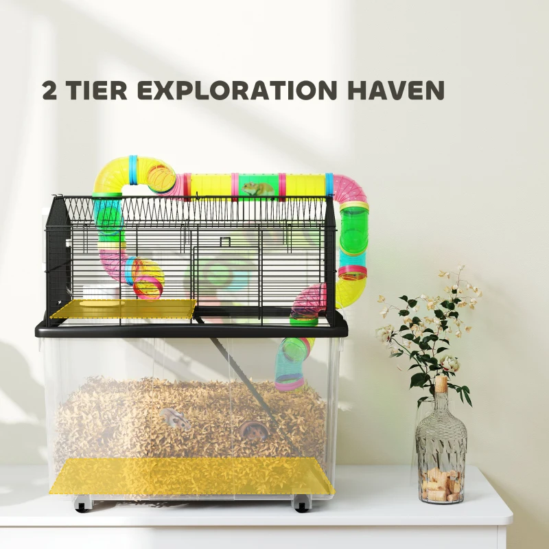 PawHut Two-Tier Hamster Cage with 31cm Deep Tray, Tube System, Water Bottle, Ramp, Feeding Bowl, Multicoloured