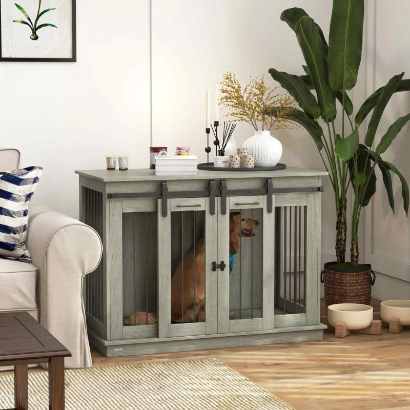 PawHut Hondenkooi met 2 Deuren, Hondenbox, Transportbox voor Honden, Landelijk Design, Vergrendelbaar, Grijs(m-2)
