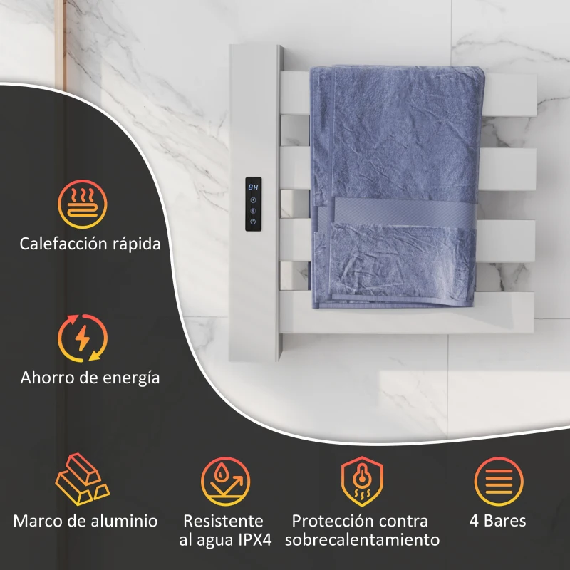 HOMCOM Toallero Eléctrico de Pared para Baño con 4 Barras Calentamiento Rápido Wi-Fi y Pantalla Táctil 47,5x9,5x49 cm Blanco